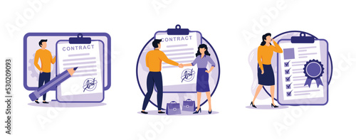 Business agreement. Electronic contract, sales contract terms, standard for quality control, payment terms and conditions. set flat vector modern illlustration