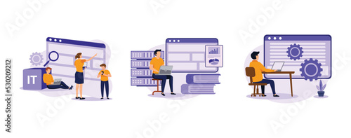 IT specialist training. Information technology courses, online big data degree program, advanced computer skills. set flat vector modern illustration