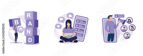 Trademark public relations. Brand building, reputation management, brand advocate, marketing strategy, social media, corporate ID. set flat vector modern illustration