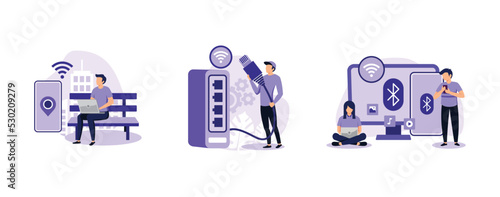 Data transfer. Public wi-fi hotspot, ethernet technology, wireless device connection, web infrastructure, computer network. set flat vector modern illustration