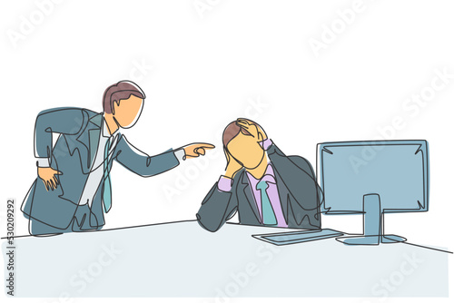 One continuous line drawing of young furious manager blaming his lazy staff about bad work performance and attitude. Work discipline at the office concept single line draw design vector illustration