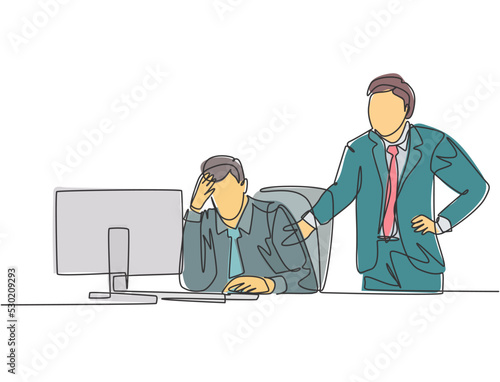 One continuous line drawing of young angry manager asking his depressed staff for an unfinished job. Work pressure at he office concept. Trendy single line draw design vector graphic illustration