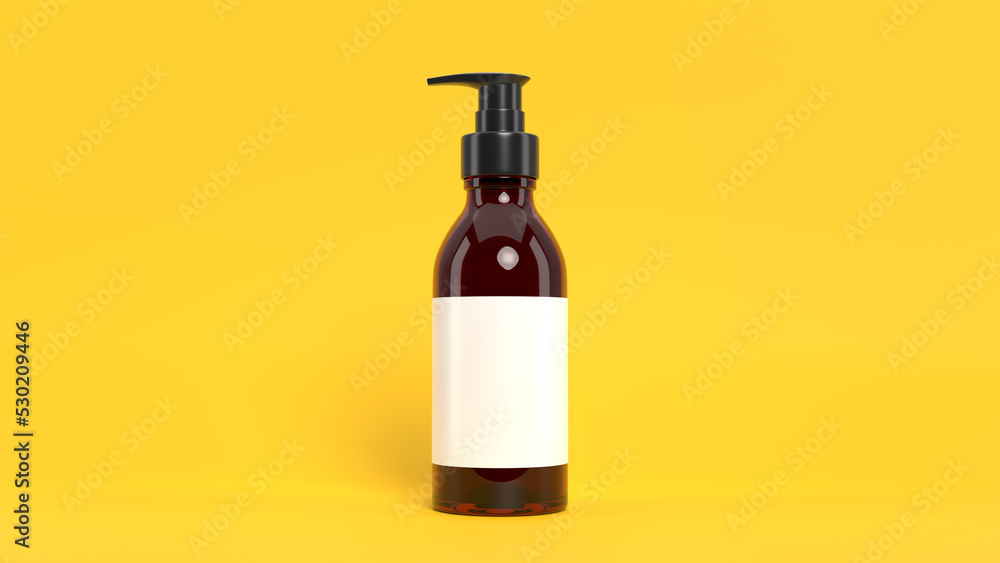 Brown glass cosmetic bottle with a pump cap and label. Mockup of shower gel or liquid soap on yellow background. 3D rendered image.