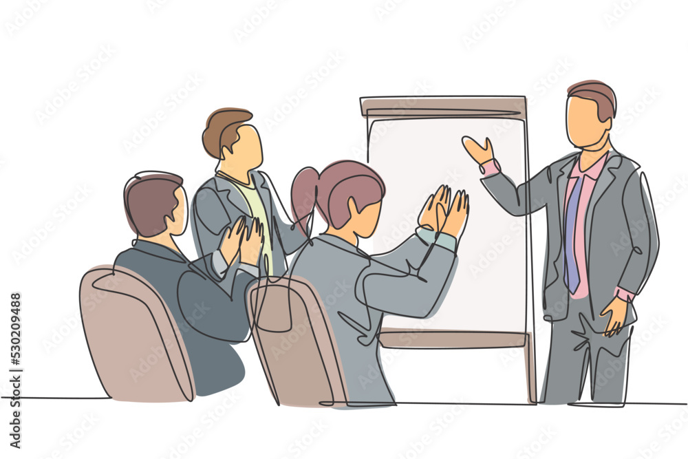 Single continuous line drawing of young happy startup founder presenting business proposal to the investors and get applause. Business pitching concept one line draw design graphic vector illustration Single continuous line drawing of young happy startup founder presenting business proposal to the investors and get applause. Business pitching concept one line draw design graphic vector illustration