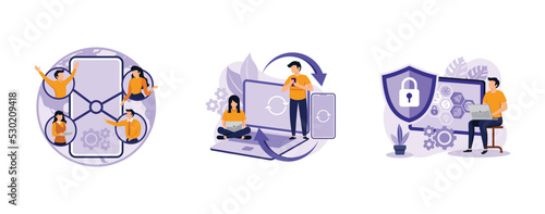 Networking app software. Mobile collaboration, cross-device syncing, privacy engineering, mobile and desktop versions. set flat vector modern illustration