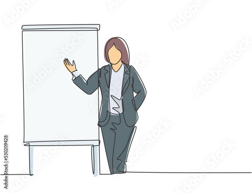 One single line drawing of young businesswoman presenting new golden rules of company to the workers. Effective training presentation concept continuous line draw graphic design vector illustration