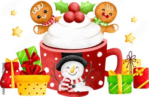 Watercolor Illustration Gingerbread and Christmas drink with Christmas ornaments