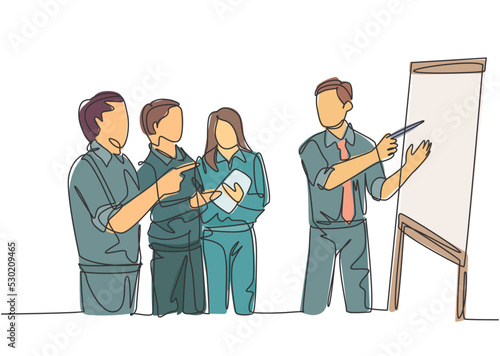 One single line drawing of young happy manager giving presentation about increasing product sales to his team at the office. Group meeting concept continuous line draw design vector illustration