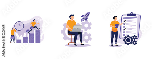Employee performance and self-organization. Self and time management, productivity, motivation software, effective job planning. set flat vector modern illustration