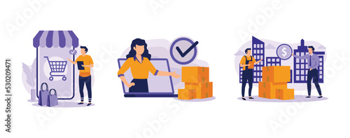 Purchase process. Order processed, complete, cash on delivery, online store, e-commerce website, shipping details. set flat vector modern illustration