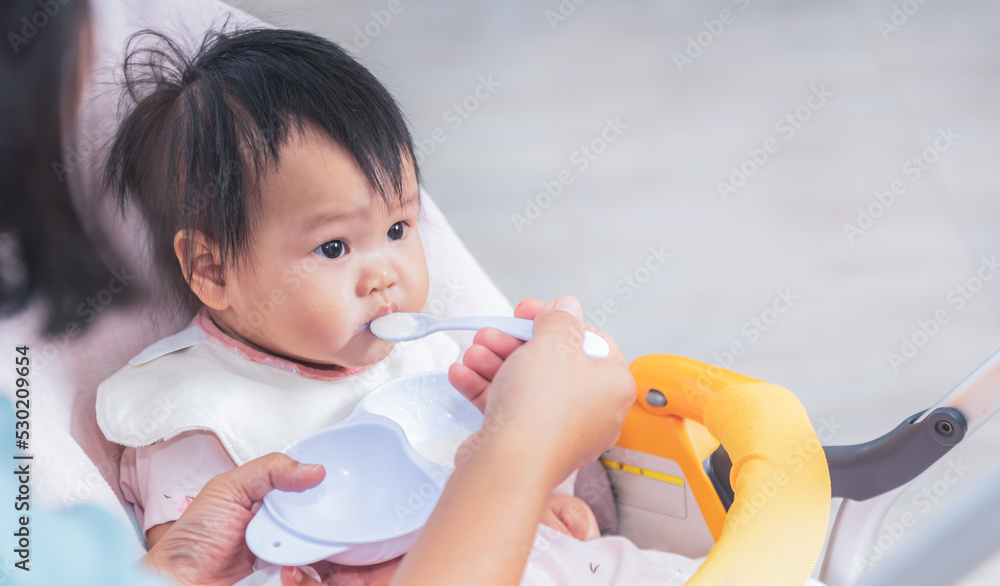 9 month old baby girl Eating baby food which her mother is feeding, to people and food development for baby newborn and infant concept. 9 month old baby girl Eating baby food which her mother is feeding, to people and food development for baby newborn and infant concept.