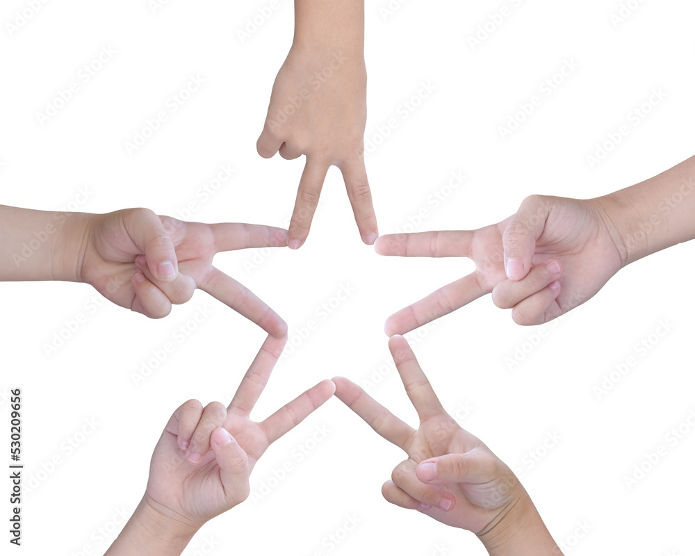 Child hands uniting their to make star shape with fingers, Isolated on