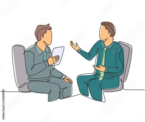One continuous line drawing of young happy business men discussing about new project deal with colleague during meeting. Business agreement concept single line graphic draw design vector illustration