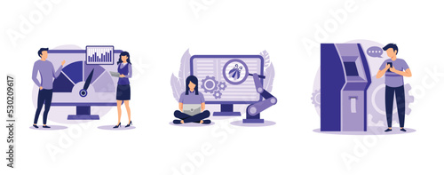 Software implementation . Benchmark and automation testing, electronic queuing system, product performance, ticket generator. set flat vector modern illustration