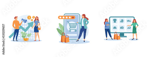 Marketing and sales. Upselling and clienting, webrooming and digital goods research, customer motivation, client loyalty. set flat vector modern illustration