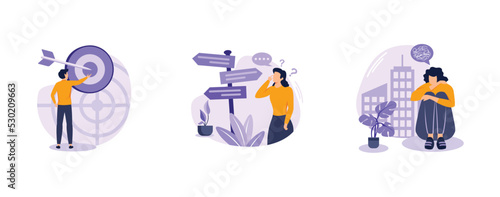 Mental state. Focus on success, confusion, cognitive dissonance, business goal, mental discomfort, missing out, decision making. set flat vector modern illustration