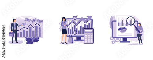 Marketing accounting. Marketing investment, demand planning, digital auditing, business plan, finance management, digital sales. set flat vector modern illustration