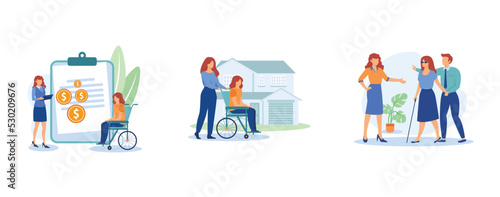 Volunteer help. Social assistance, care of the disabled, social work, home nursing, caregiver support, disability care, low income. set flat vector modern illustration