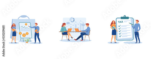 Financial information. Accounting, consulting, tax form, tax filing, audit service, online application software. set flat vector modern illustration