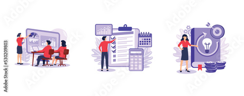 Project management. Business briefing, planning project life cycle, task assignment, business case, financial data report. set flat vector modern illustration
