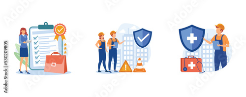Working environment. Quality work, workplace safety, occupational health, employee performance, workplace assessment. set flat vector modern illustration
