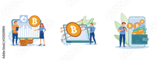 Digital money. Cryptocurrency market, digital currency, electronic wallet, e-money transfer, payment technology, banking tool. set flat vector modern illustration