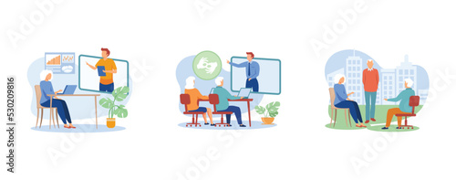 Senior community and education. Online learning for seniors, sign language classes, communities for older people, free course. set flat vector modern illustration