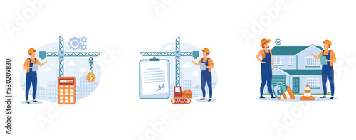 Construction business. . Construction costs, building permit and safety, protection helmet, contractor engineering, design project. set flat vector modern illustration