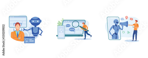 Interactive device. Affective computing, personification design, artificial intelligence in social media. set flat vector modern illustration