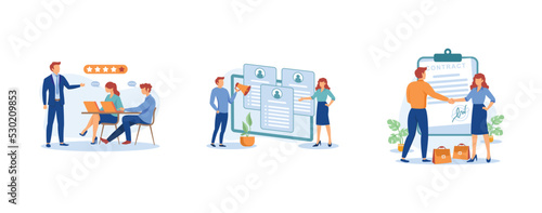 Head hunting. Recruitment agency, hiring employee, employment agreement, job listing, resume, vacant job position, contract form. set flat vector modern illustration