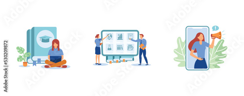 Flexible study plan. Personalized learning, course enrollment, attention, apply for degree program, new student, concentration. set flat vector modern illustration