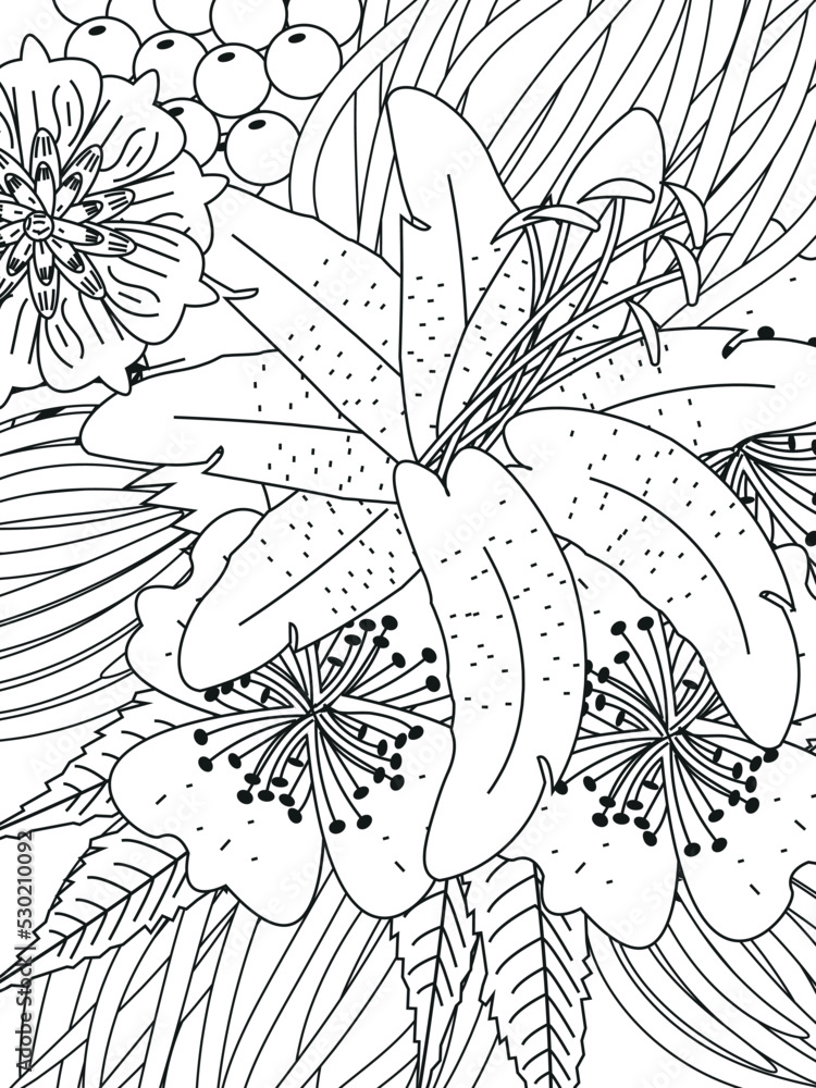 Fototapeta premium Doodle floral pattern in black and white. A page for coloring book: fascinating and relaxing job for children and adults. Zentangle drawing. Flower carpet in a magic garden