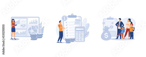 Money management. Financial adviser, budget planning, family benefit, investment, financial plan, tax strategy, piggy bank. set flat vector modern illustration photo