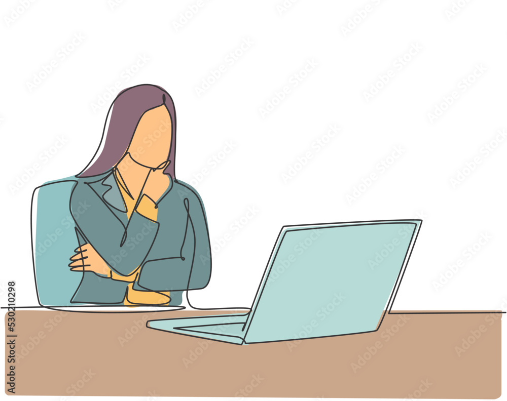 Single continuous line drawing of young female startup founder siting in front of computer thinking sales strategy to her company. Marketing strategy concept one line draw design vector illustration Single continuous line drawing of young female startup founder siting in front of computer thinking sales strategy to her company. Marketing strategy concept one line draw design vector illustration