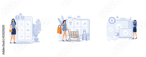 Online retail. Niche service marketplace, app monetization, multi-device targeting, buy and sell products, startup launch. set flat vector modern illustration