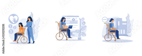 Help for disabled person. Social assistance, assistive technology, inaccessible environments, caregiver support, adoptive technology. set flat vector modern illustration