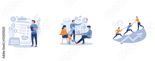 Business management. Project management, workflow and leadership, waterfall and agile, development team, productivity software. set flat vector modern illustration