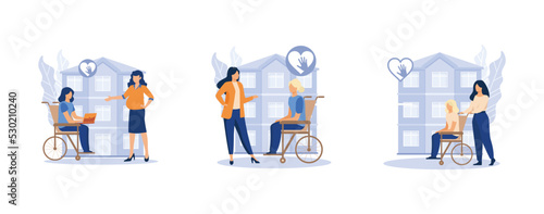 Social services work. Social facilities, care for the elderly and disabled people, health care, retired people, nursing home. set flat vector modern illustration