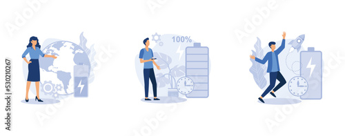 Rechargeable battery. Eco battery runtime, fast charging technology, energy capacity, storage technology. set flat vector modern illustration