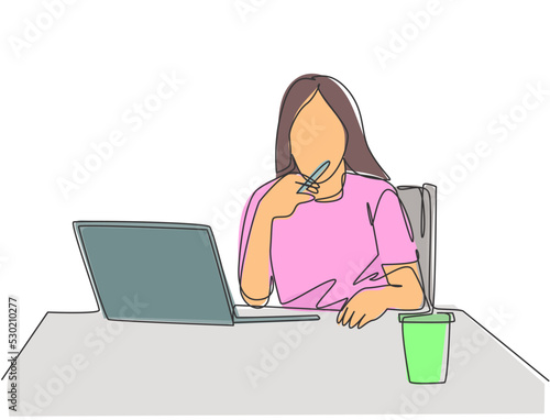 One continuous line drawing of young female employee sitting on her chair and thinking solution for her unfinished work. Think smart concept. Trendy single line draw design vector graphic illustration