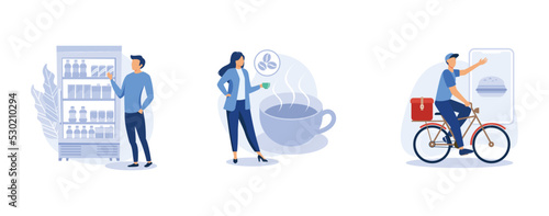 Office lunch. Coffee break, vending machine, food delivery service, hot drink, take away, snack and beverage. set flat vector modern illustration