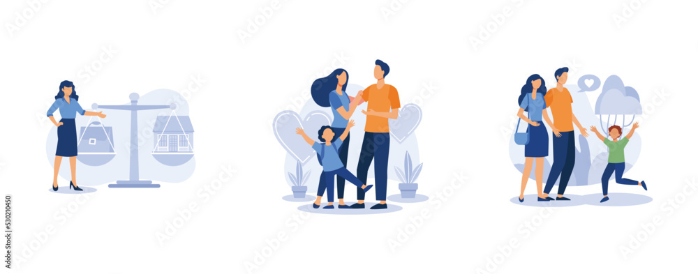 Happy family. Balancing work and family, parental responsibility, caring adoptive fathers, social roles, foster care. set flat vector modern illustration Happy family. Balancing work and family, parental responsibility, caring adoptive fathers, social roles, foster care. set flat vector modern illustration