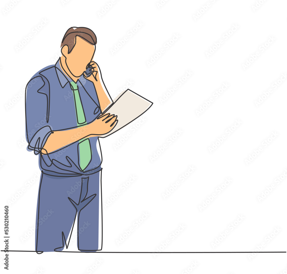 One single line drawing of young manager call recruitment manager with cellphone and ask application letter from applicant. Employee recruitment concept continuous line draw design vector illustration One single line drawing of young manager call recruitment manager with cellphone and ask application letter from applicant. Employee recruitment concept continuous line draw design vector illustration