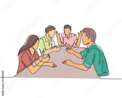 One single line drawing of male and female workers sitting at the meeting room together and discuss while wait for lunch time. Business concept continuous line draw design vector graphic illustration