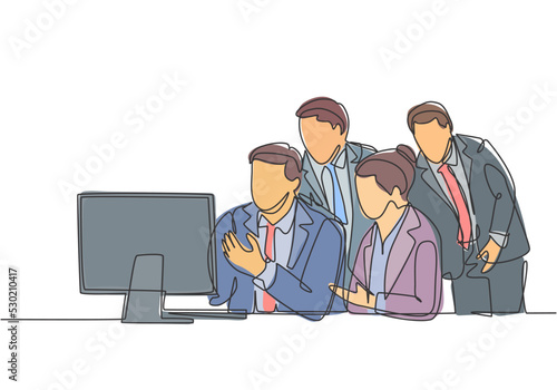 One single line drawing of young business man and business woman enrolled online conference via monitor screen. Modern teleconference concept continuous line draw design graphic vector illustration
