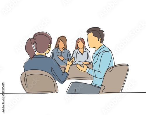 One continuous line drawing of young woman manger announcing company goal target in a business meeting to her staffs. Business marketing concept single line graphic draw design vector illustration