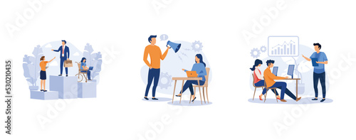 Workplace culture. Workplace and racial discrimination, equal employment opportunity, shared values, sexual harassment. set flat vector modern illustration