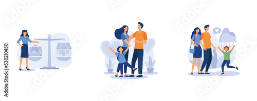 Happy family. Balancing work and family, parental responsibility, caring adoptive fathers, social roles, foster care. set flat vector modern illustration