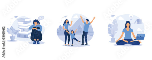 happy family, health benefits for body, support concept for those who are under stress, set flat vector modern illustration