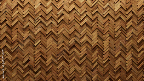 Herringbone, 3D Mosaic Tiles arranged in the shape of a wall. Natural, Soft sheen, Blocks stacked to create a Wood block background. 3D Render